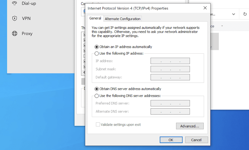 Der Windows IPv4-Eigenschaften-Bildschirm mit einer Reihe von Optionsfeldern und Feldern zur Eingabe einer neuen IP- und DNS-Adresse sowie den Schaltflächen 