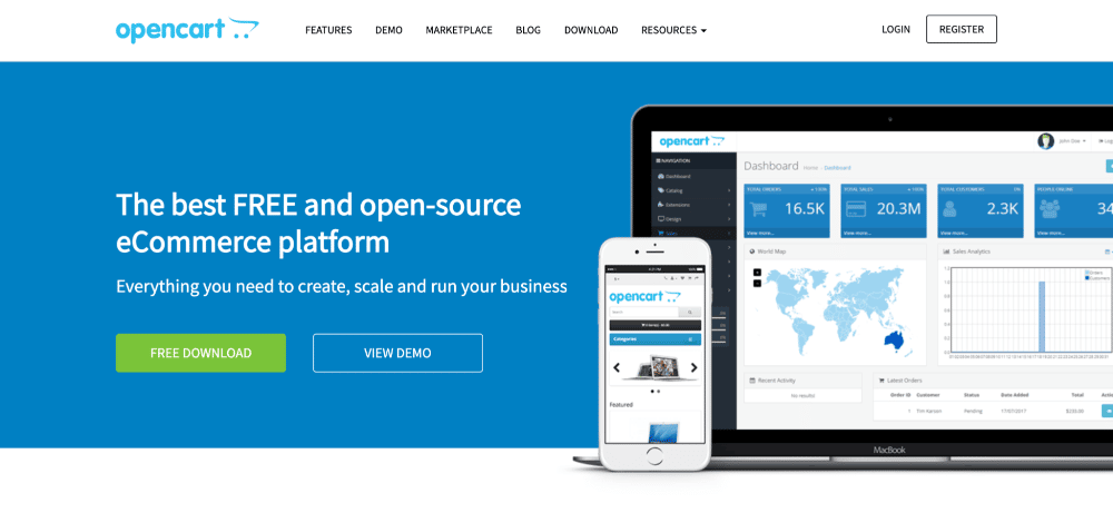 OpenCart Die Homepage von OpenCart, auf der in weißer Schrift auf blauem Hintergrund steht: