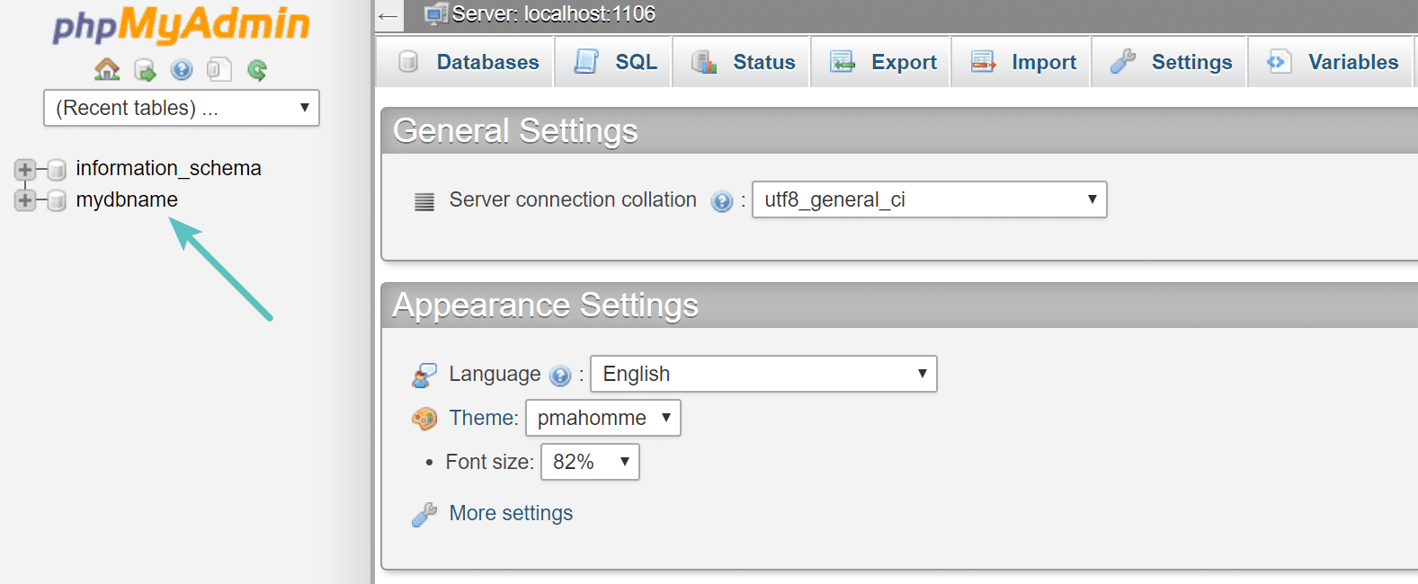 Captura de tela: Localizando o nome do banco de dados no phpMyAdmin.