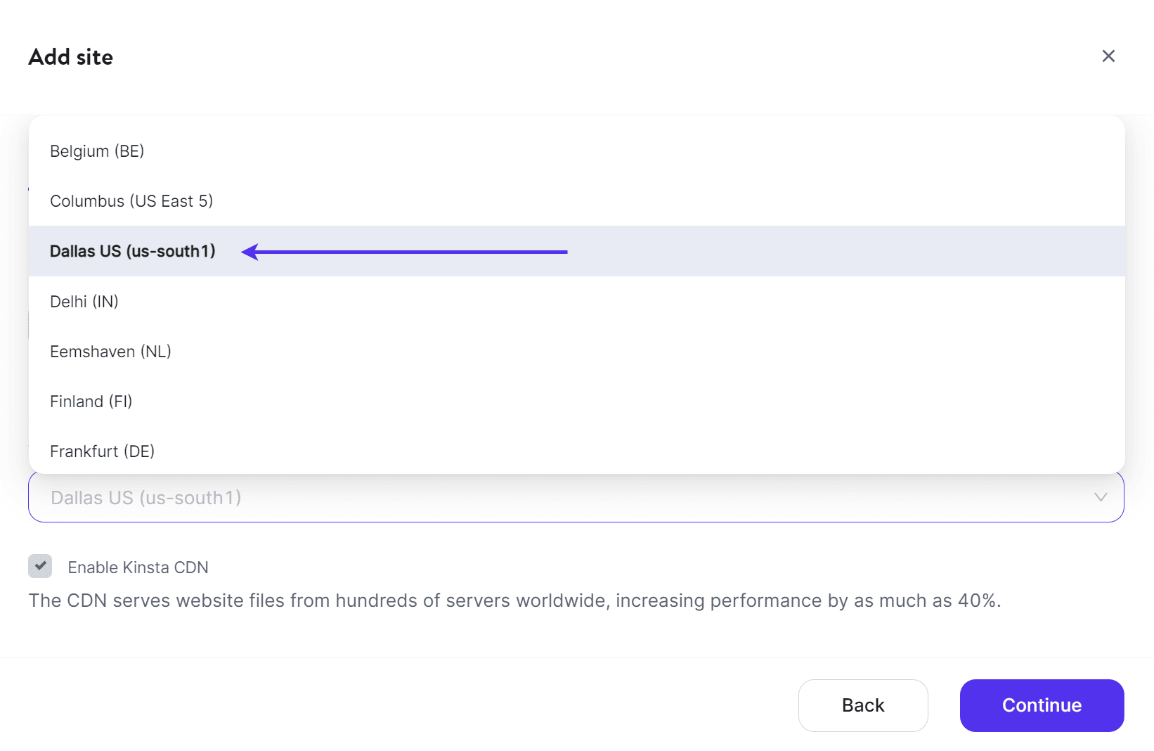A screenshot of MyKinsta showing the "Add Site" location drop-down set to 