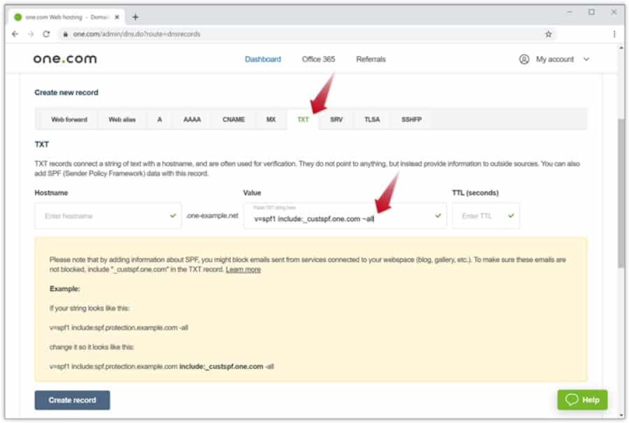 Se muestra un panel de control en el que se puede añadir un registro SPF