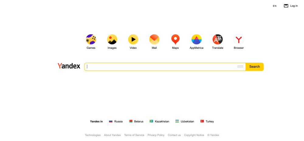 Página web de Yandex con una barra de búsqueda en el centro, un montón de iconos encima y el logotipo de Yandex a la izquierda de la barra de búsqueda.
