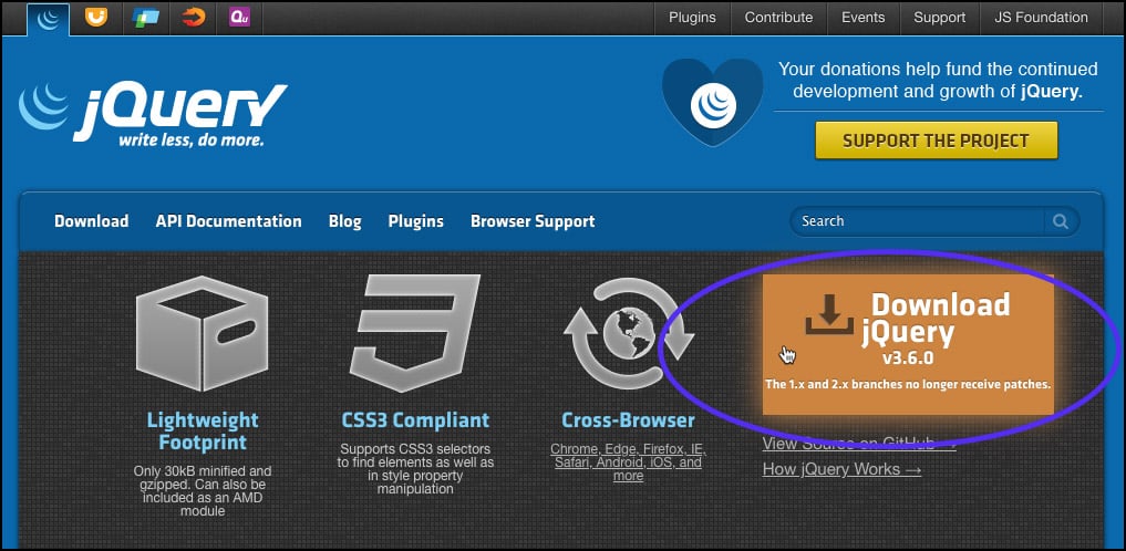 Schermata del sito web ufficiale di jQuery con il link per il download in evidenza.