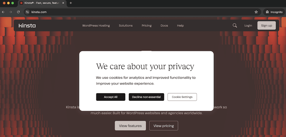 An image showing Cookie request on kimsla.com