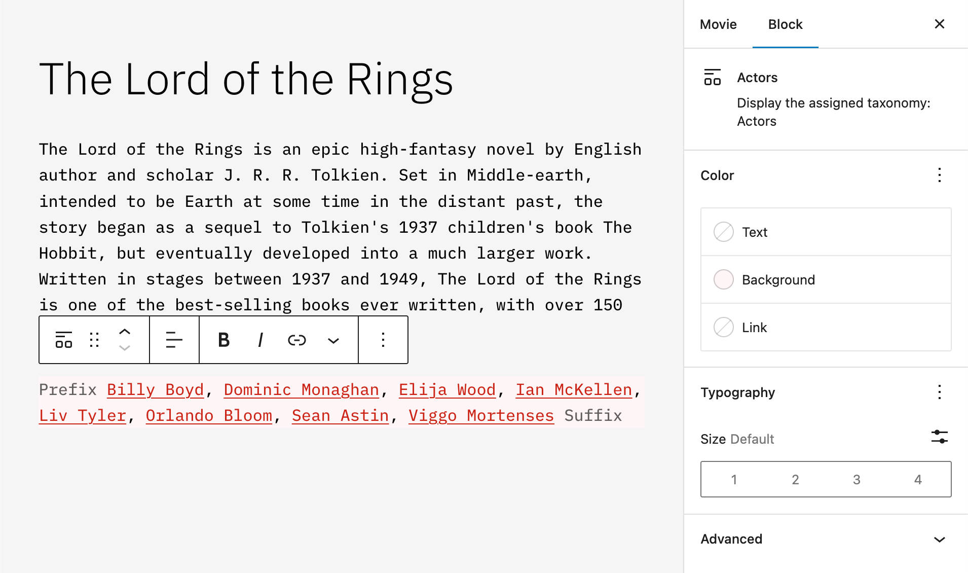 Customizing the appearance of a Post Terms block with custom taxonomy terms