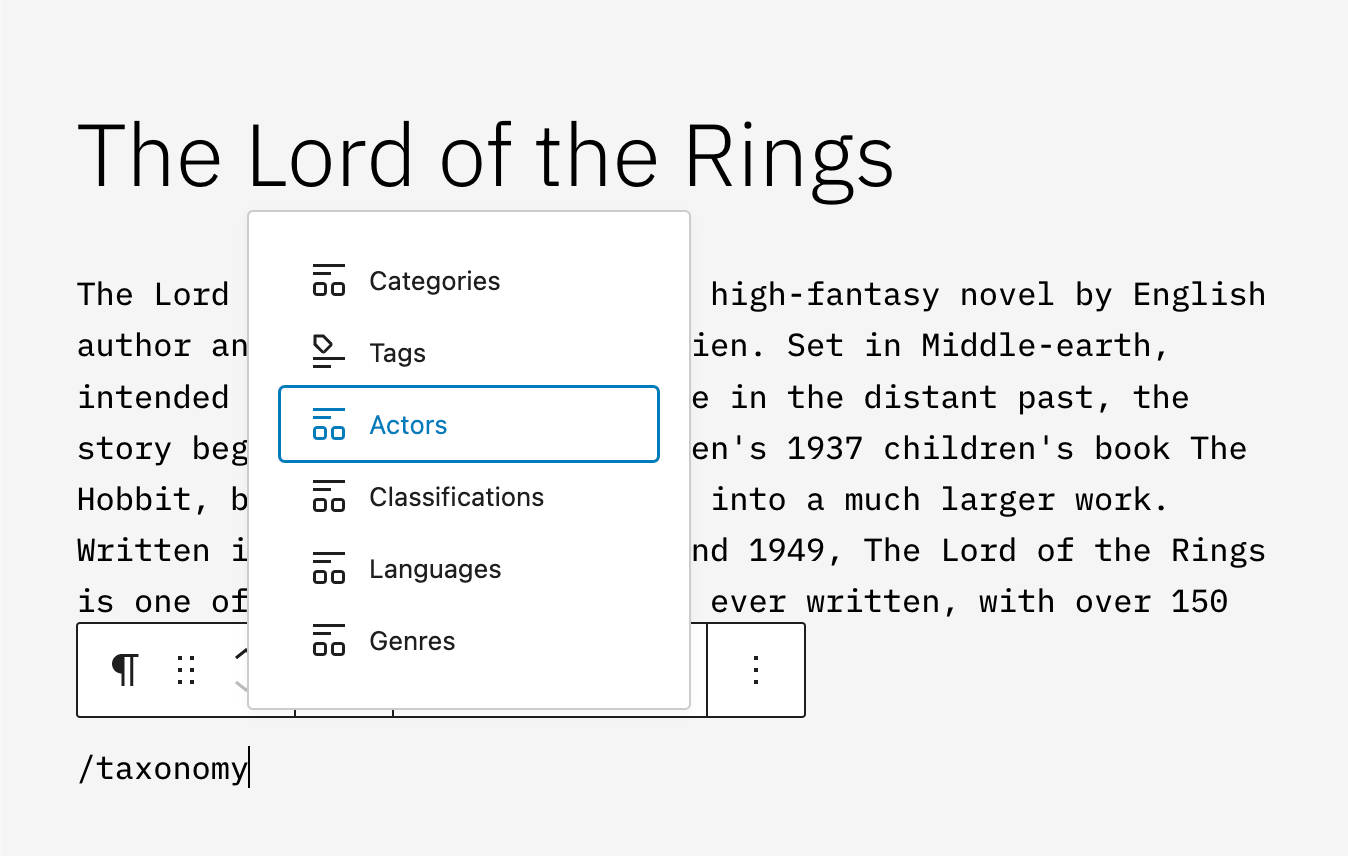 An image showing custom taxonomy terms for a Post Terms block