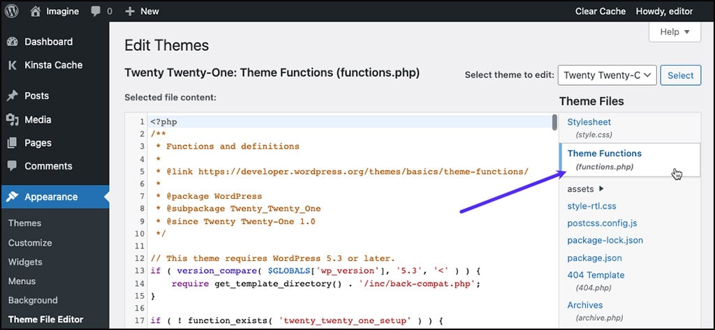 Schermata che evidenzia functions.php in un elenco di file all'interno del Theme File Editor.