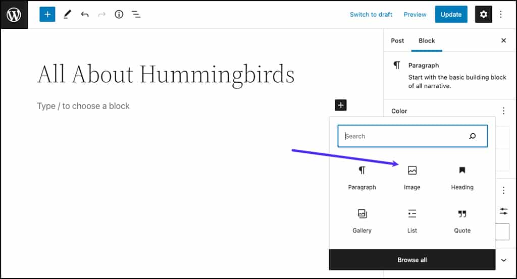 Screenshot: Choosing the add-image option within the WordPress block editor.