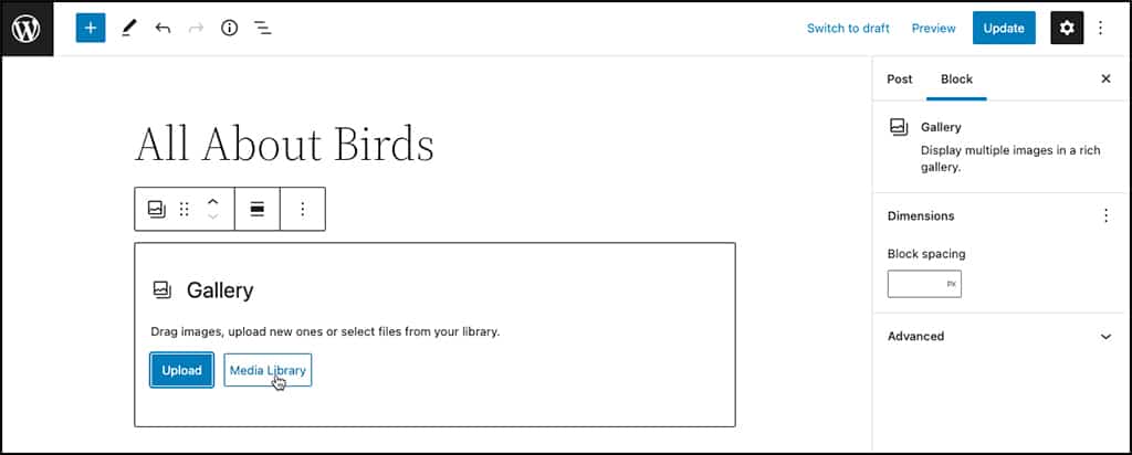 Screenshot: Selecting a source for gallery images in the WordPress block editor.