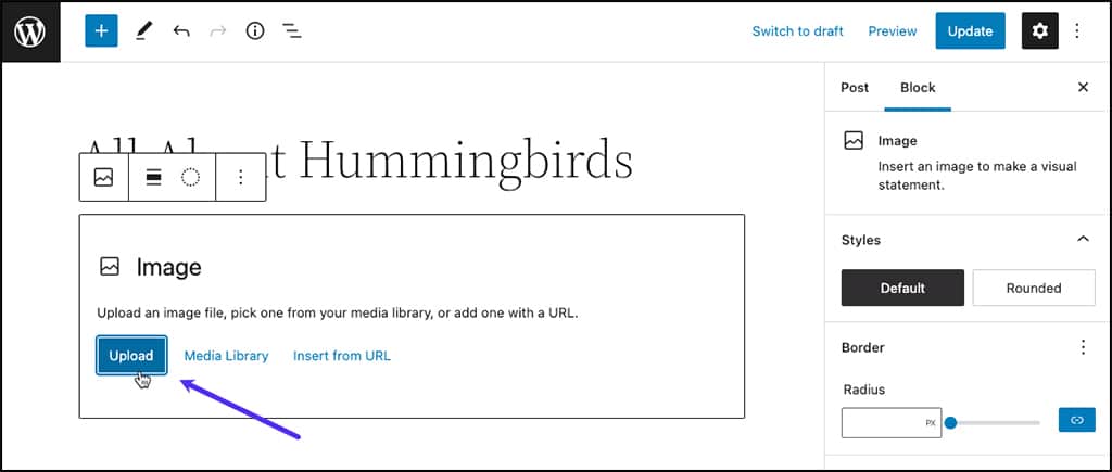 Screenshot: Clicking the Upload button to add an image in the WordPress block editor.