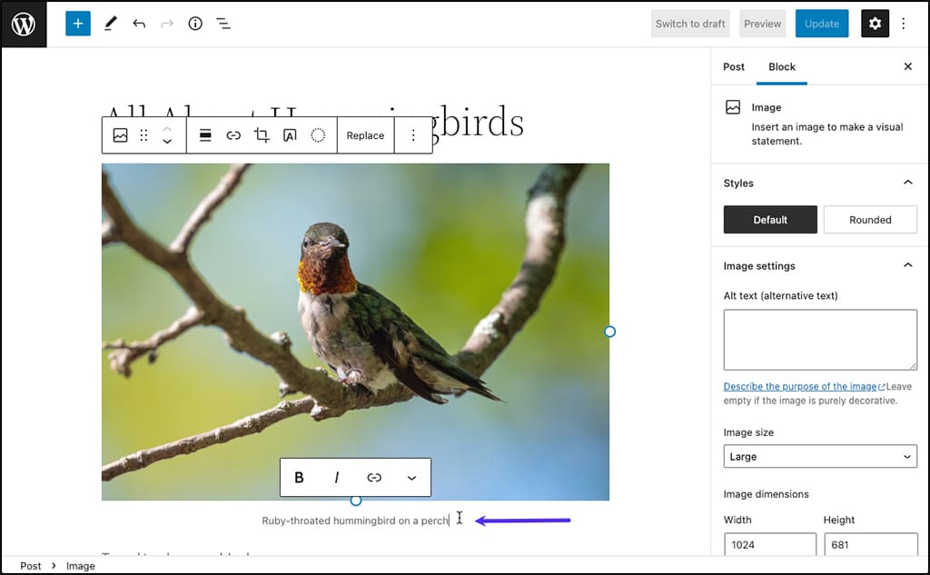 Screenshot: Editing an image caption like regular text in the WordPress block editor.
