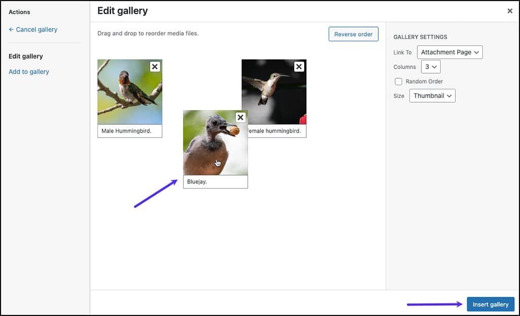 Screenshot: Selecting the order of gallery images in the WordPress Classic Editor.