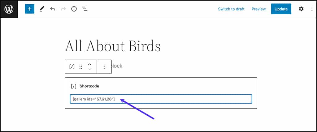 Screenshot: Editing a shortcode block in the WordPress block editor.