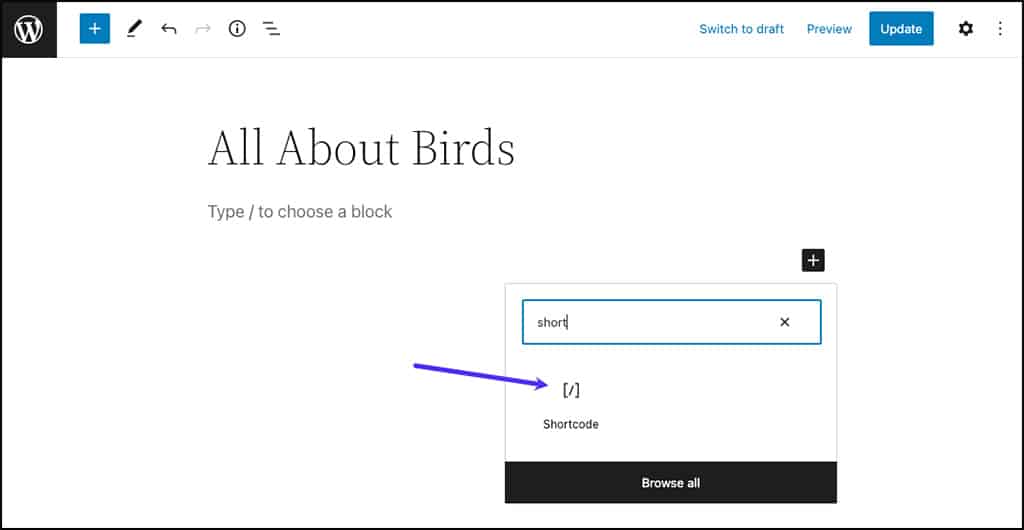 Screenshot: Beginning a shortcode block in the WordPress block editor.