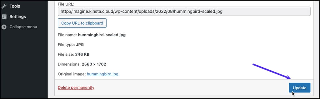Screenshot: Saving changes after editing image caption text in WordPress.