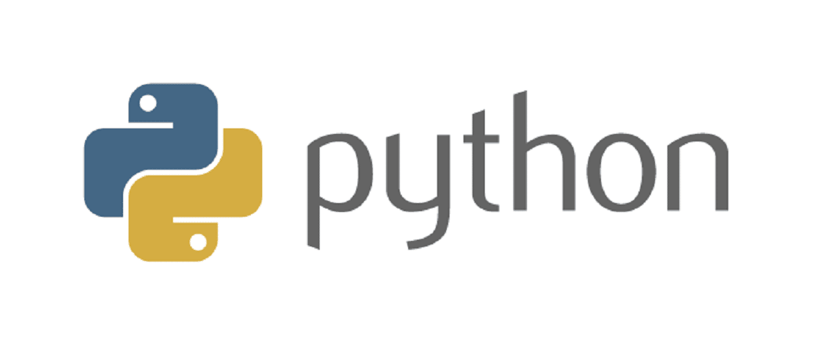 The logo of the Python programming language and the name Python on the right side of the logo.