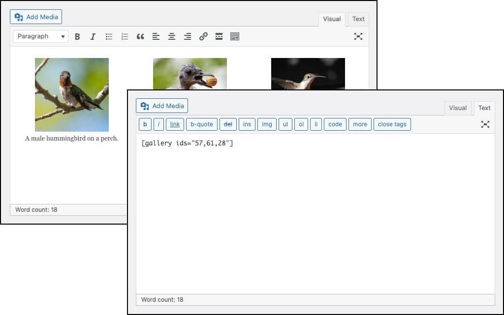 Screenshot: revealing image gallery shortcode in the WordPress Classic Editor.