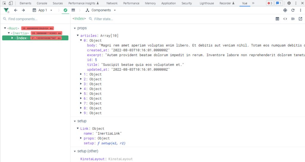 Chrome's Vue DevTools extension showing a list of Inertia properties for the open page.