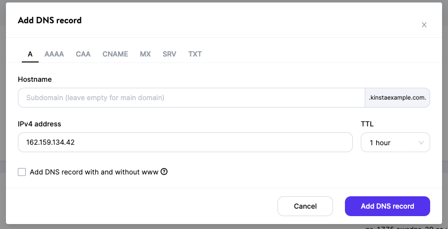 KinstaのDNSにAレコードを追加する