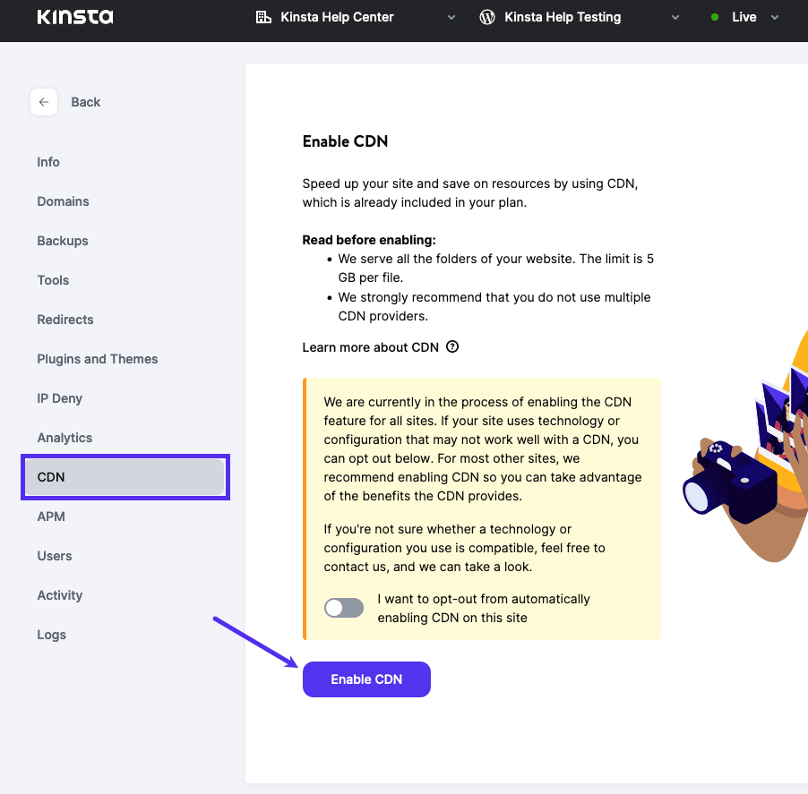 Habilite o CDN da Kinsta no MyKinsta.