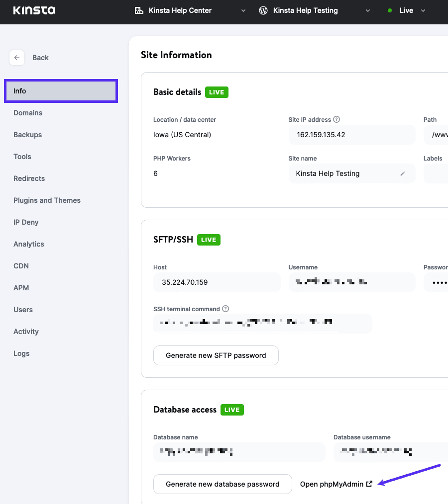 Abrindo o phpMyAdmin a partir do MyKinsta.