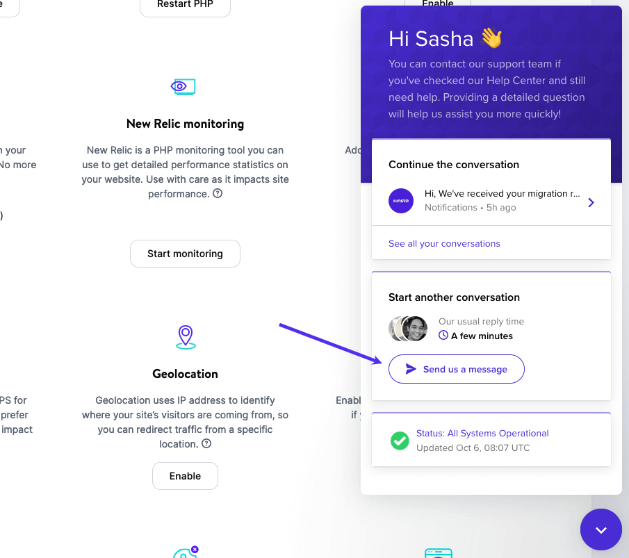 Enviando uma mensagem para o suporte no MyKinsta.