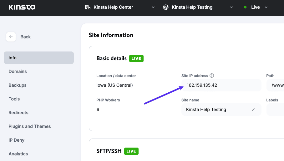 Site IP Address in MyKinsta Trouver l'adresse IP de votre site dans MyKinsta.