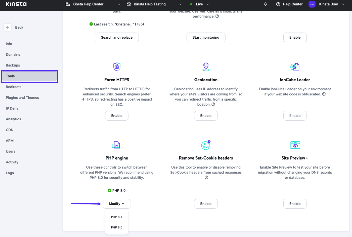 Update PHP in MyKinsta The Modify PHP Engine button in MyKinsta.