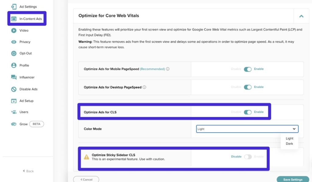 Mediavine Optimize Ads für CLS Einstellung