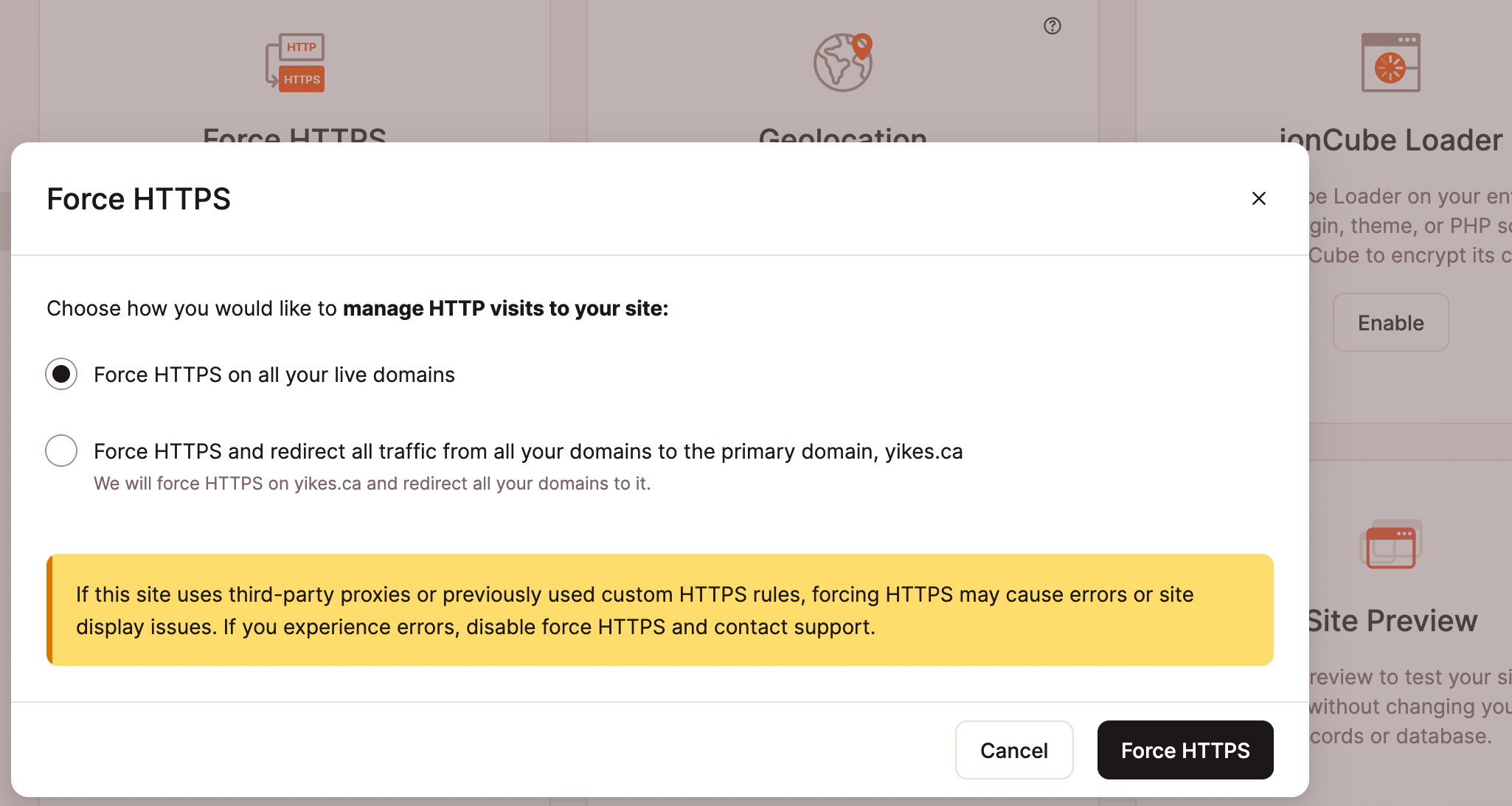 Verwalten der Konfiguration von „Force HTTPS“ in MyKinsta.