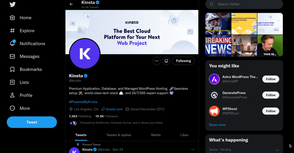 Die Twitter-Startseite von Kinsta zeigt das Banner