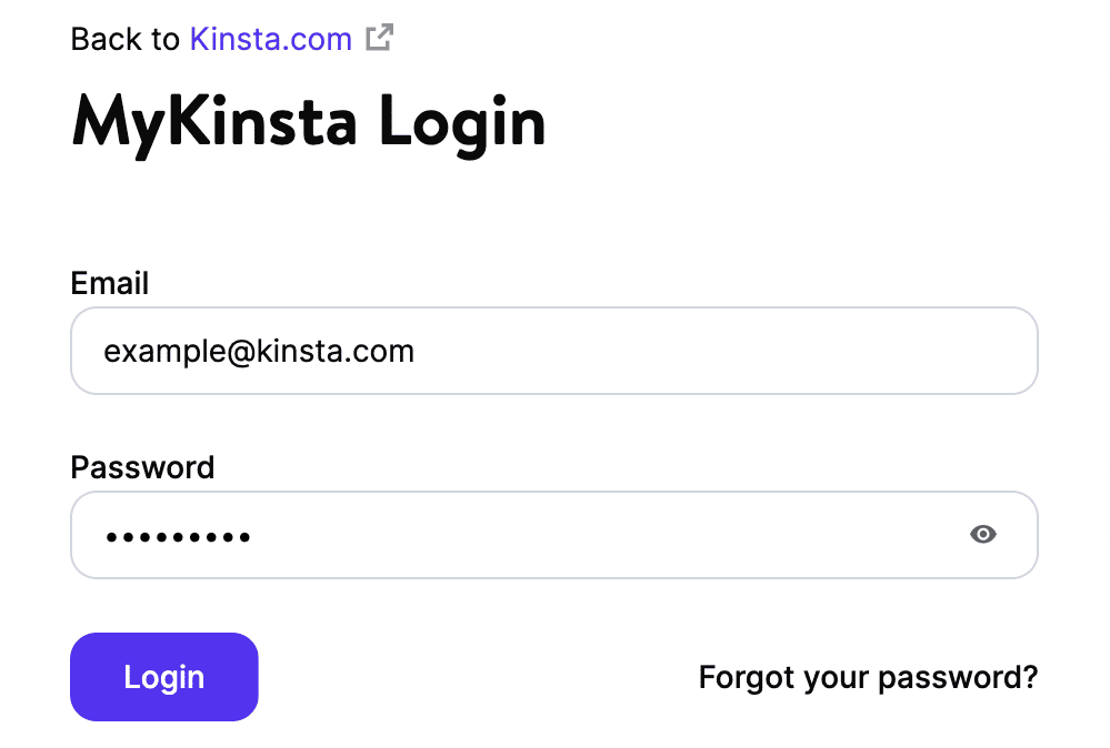Un formulario de inicio de sesión para MyKinsta, mostrando