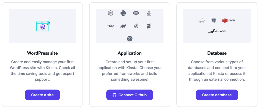 Una parte del panel de MyKinsta, que muestra tres mosaicos rectangulares:
