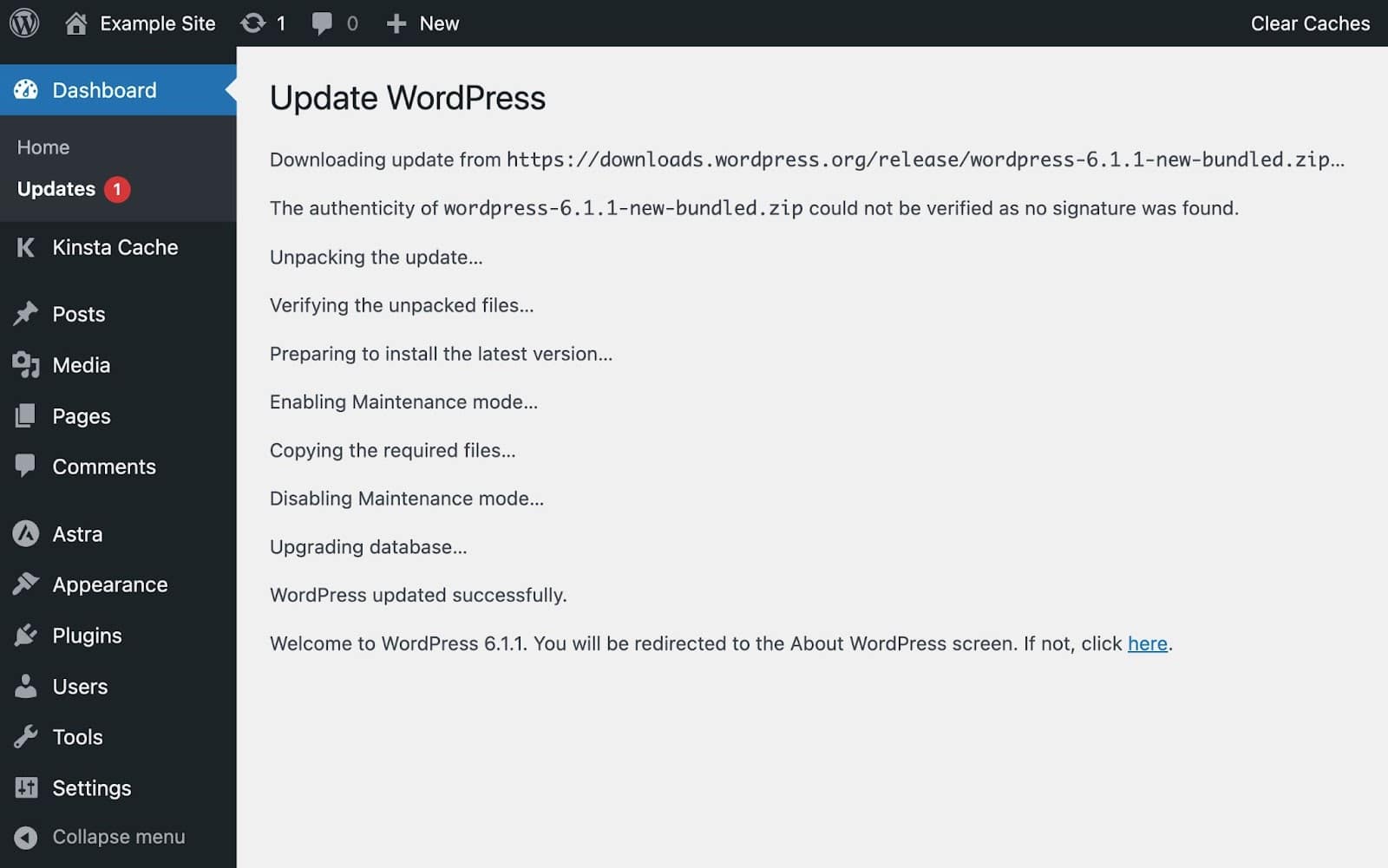WordPress appliquant la mise à jour