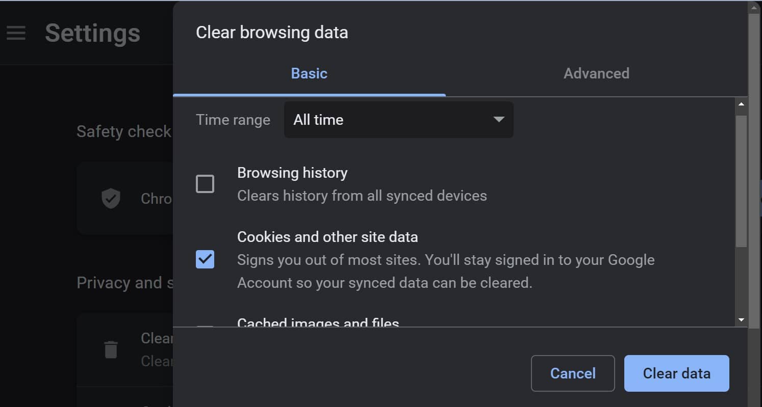 Limpeza de cookies e outros dados do site.