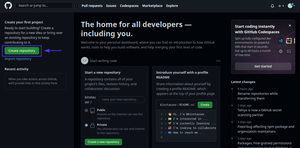 Die GitHub-Startseite zeigt ein linkes Feld mit den Worten