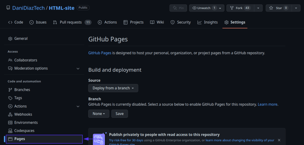 Repository-Einstellungsseite mit einem Pfeil, der auf die Option