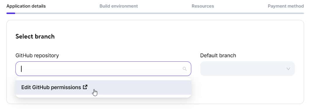 Der neue Anwendungsassistent in MyKinsta zeigt, wie du mit der Maus über die Dropdown-Option 