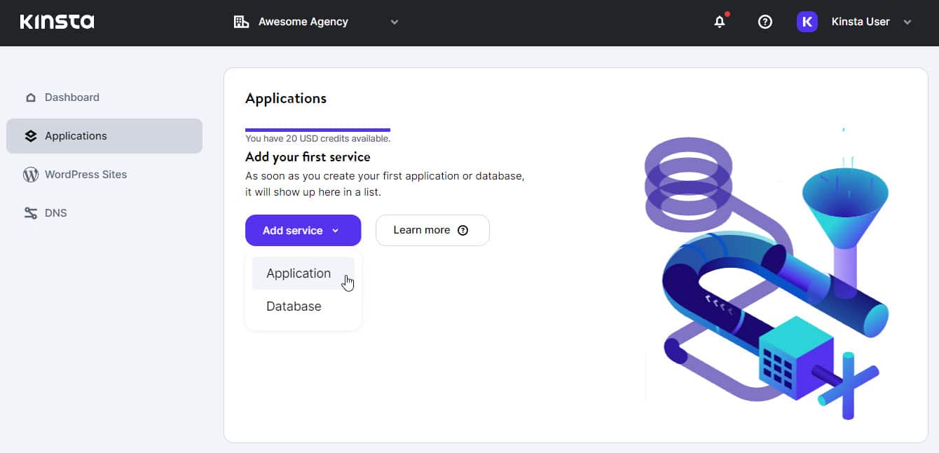 Die Registerkarte Anwendungen im MyKinsta-Dashboard, wenn du mit der Maus über die Option 