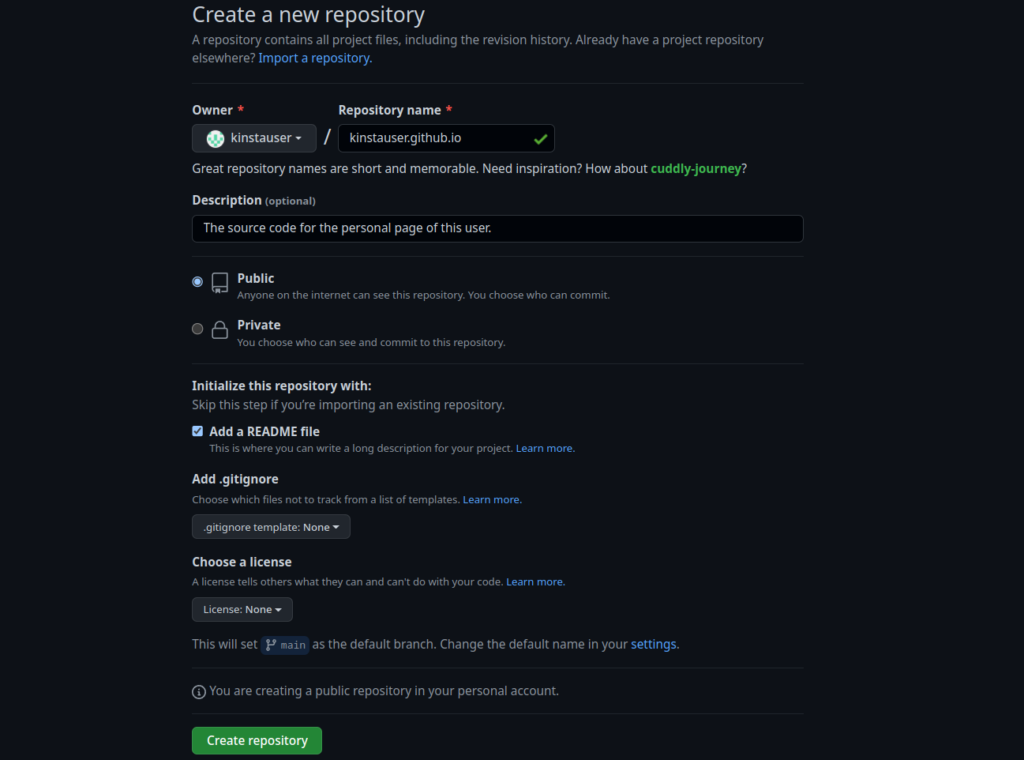 Erstelle ein neues Repository-Formular, das den Repository-Namen mit dem Wert