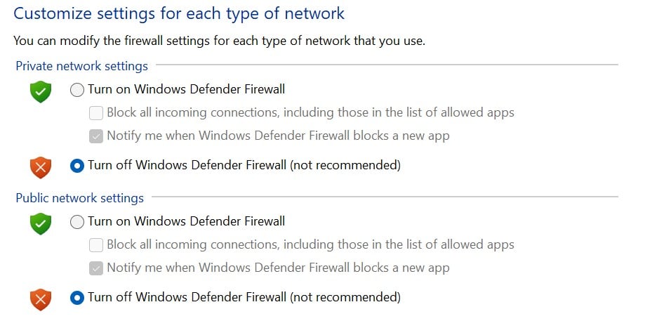 Schakel de Windows Defender Firewall uit.