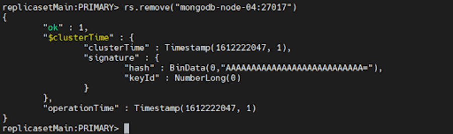 This is a snapshot of the output after carrying out the rs.remove() command.