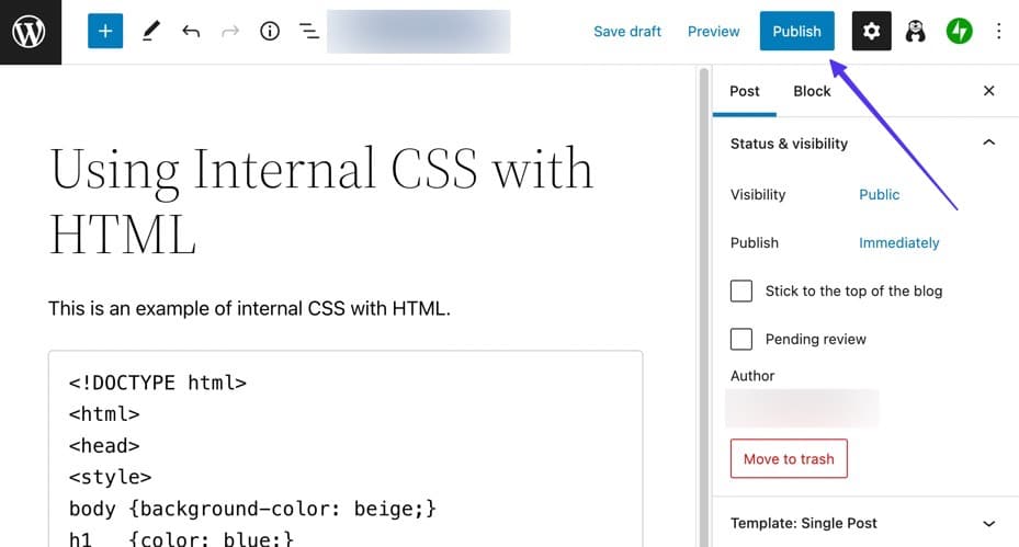 Klik op Publish om WordPress code weer te geven
