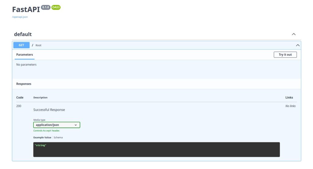 Die FastAPI-Get-Schnittstelle zeigt die notwendigen Parameter für den Endpunkt und die HTTP-Antwort an.