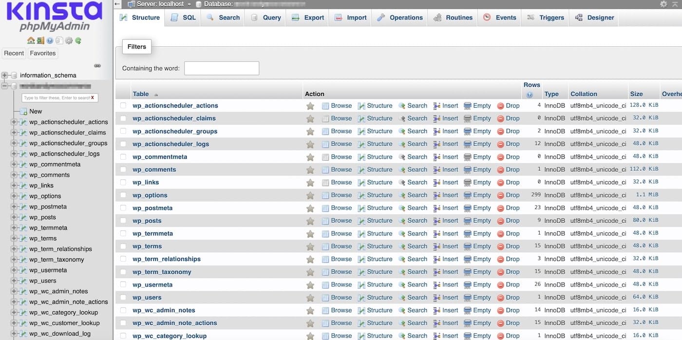 Tabelas do banco de dados no phpMyAdmin