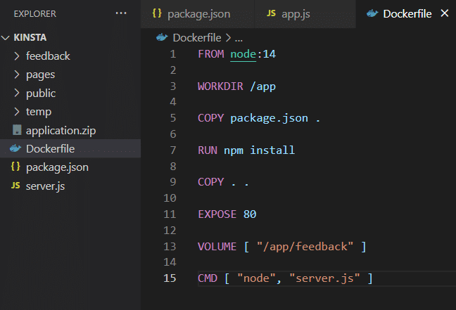 ボリュームの利用を示す画面(Dockerfile)
