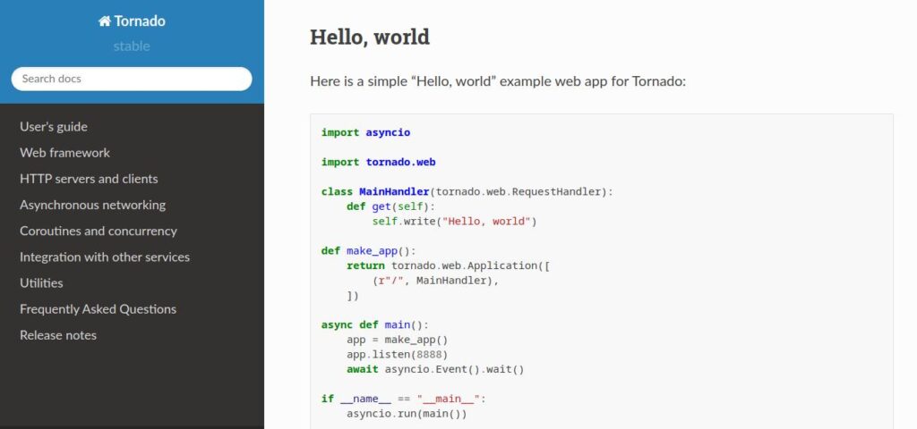 Die Dokumentationsseite des Tornado-Webframeworks mit einem