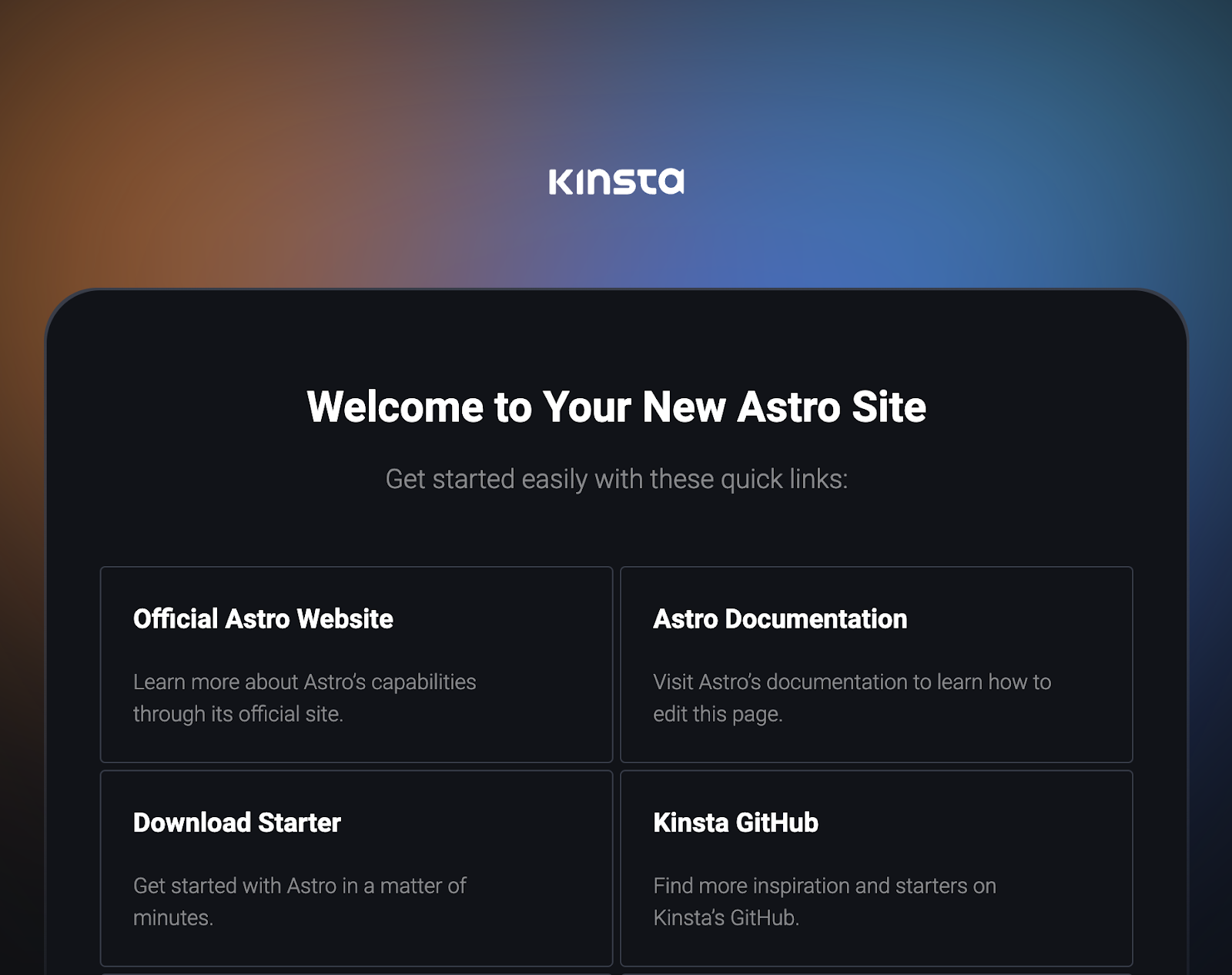 Una página oscura con el logotipo de Kinsta en blanco en el centro sobre las palabras 