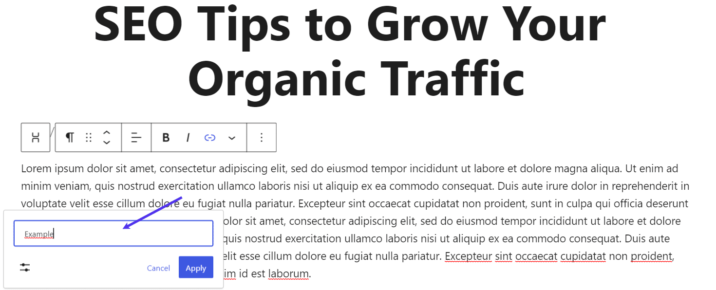 Procurando opções de links internos no Editor de Blocos.