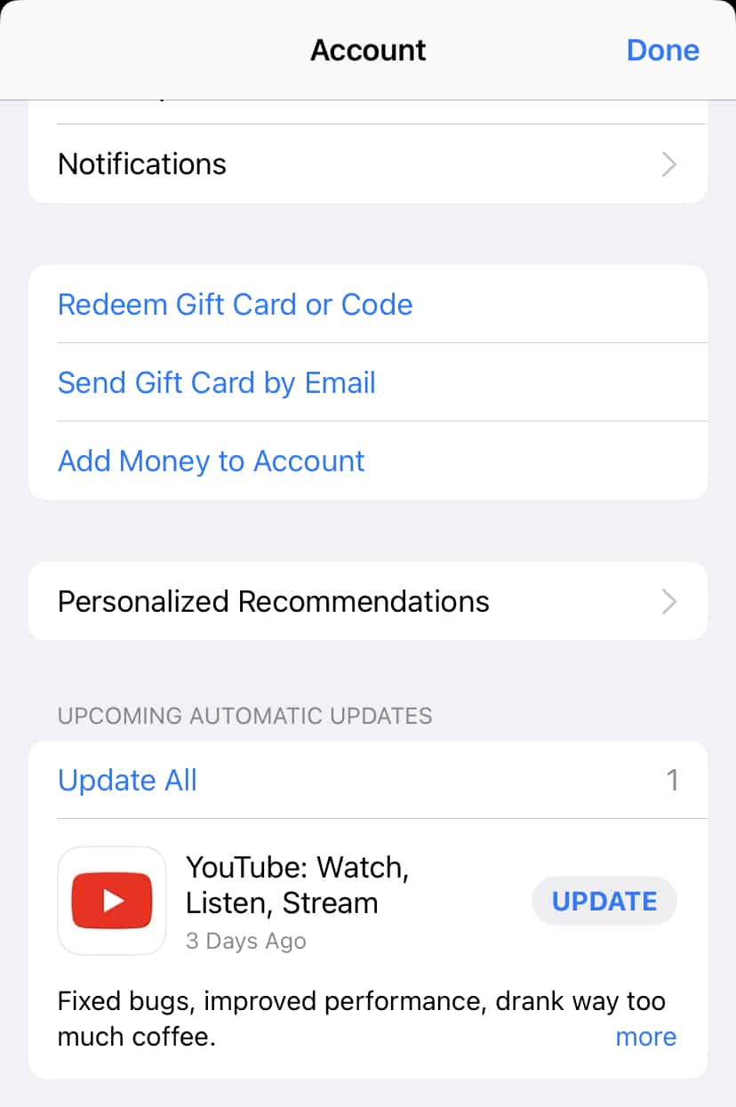 Schermata di un'app di YouTube non aggiornata, che può causare l'errore